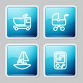 Set line Toy truck, Baby stroller, boat and Tetris electronic game icon. Vector