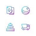 Set line Toy truck, Pyramid toy, Playing cards and Beach ball. Gradient color icons. Vector Royalty Free Stock Photo