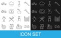 Set line Tractor, Garden hose, pitchfork, Shovel, Chicken egg, Pickup truck, and Apple icon. Vector Royalty Free Stock Photo