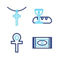 Set line Traditional carpet, Cross ankh, First communion symbols and Christian cross chain icon. Vector