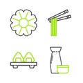 Set line Traditional Japanese tea ceremony, Sushi cutting board, Asian noodles and chopsticks and Flower icon. Vector Royalty Free Stock Photo