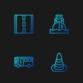 Set line Traffic cone, Bus, Road and Cargo ship. Gradient color icons. Vector