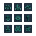 Set line Traffic cone, Car, Cable car, Delivery truck, light, Tow and Speed limit traffic icon. Vector