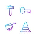Set line Traffic cone, Shovel, Hammer and Old key. Gradient color icons. Vector