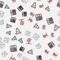 Set line Traffic cone, Train station board, Railway map and Road traffic sign on seamless pattern. Vector Royalty Free Stock Photo