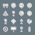 Set line Traffic light, Road traffic sign, Stop, Speed limit, Warning road, and warning rockfall icon. Vector