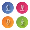 Set line Traffic sign turn left, light, Location with exclamation mark and Hotel for traffic. Color circle button