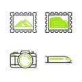 Set line Train, Photo camera, Postal stamp and Coliseum and Egypt pyramids icon. Vector Royalty Free Stock Photo
