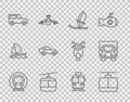 Set line Train and railway, Cable car, Windsurfing, Car, Tram and Delivery cargo truck icon. Vector