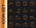 Set line Train and railway, Car, Delivery cargo truck, Windsurfing, Tram, Speedboat and Yacht sailboat icon. Vector