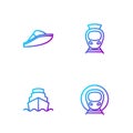 Set line Train and railway, Cruise ship, Speedboat and Tram. Gradient color icons. Vector