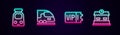 Set line Train and railway, High-speed train, ticket and Railway station. Glowing neon icon. Vector Royalty Free Stock Photo