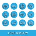 Set line Train and railway, Rafting boat, Bus, Taxi car, Speedboat and Car icon. Vector Royalty Free Stock Photo