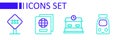 Set line Train and railway, Railway station, Passport and Railroad crossing icon. Vector