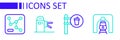 Set line Train in railway tunnel, Cafe and restaurant location, Turnstile and Railway map icon. Vector