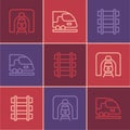 Set line Train in railway tunnel, Railway, railroad track and High-speed train icon. Vector