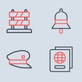 Set line Train station bell, driver hat, Passport and End of railway tracks icon. Vector