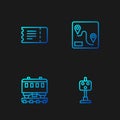 Set line Train traffic light, Passenger train cars, ticket and Route location. Gradient color icons. Vector