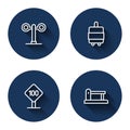 Set line Train traffic light, Suitcase, Speed limit sign 100 km and Railway barrier with long shadow. Blue circle button Royalty Free Stock Photo
