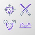 Set line Trap hunting, Moose head with horns, Two crossed shotguns and Hunt on bear crosshairs icon. Vector