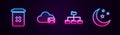 Set line Trash can, Cloud mail server, Folder tree and Moon and stars. Glowing neon icon. Vector