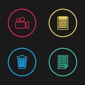 Set line Trash can, Document, Notebook and Movie or Video camera icon. Vector Royalty Free Stock Photo