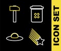 Set line Trash can, Falling star, UFO flying spaceship and Hammer icon. Vector