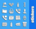 Set line Trash can, Flowers in pot, Stamp, Pencil, Printer, Document folder, Table lamp and Telephone handset icon