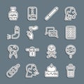 Set line Trash can, No smoking, Nicotine gum blister pack, Cigarette, Hand with cigarette, Inhaler, and icon. Vector