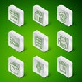 Set line Trash can, Wrist watch, Calendar, Archive papers drawer, Stapler, Paper shredder, Briefcase and Printer icon