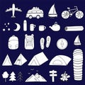 Set of line travel items for the hike. Vector elements isolated. Transport plane motorhome boat bike and tents and