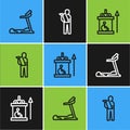 Set line Treadmill machine, Elevator for disabled and Human broken arm icon. Vector
