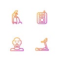 Set line Treadmill machine, Head of deaf and dumb, Grandmother and Press SOS button. Gradient color icons. Vector