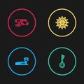 Set line Treasure and riches, Pirate key, Ship steering wheel and Cannon with cannonballs icon. Vector