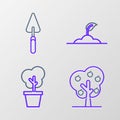 Set line Tree with apple, in pot, Sprout and Garden trowel spade or shovel icon. Vector