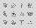 Set line Tree with pears, Sprout, Garden trowel spade or shovel, Trees, apple, Watering plant, rake and Farm House