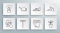 Set line Tree with pears, Watering can, Garden rake, gloves, Flowers pot, Lawn mower, sprout and icon. Vector Royalty Free Stock Photo