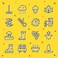 Set line Tree, Scarecrow, Tractor, Acorn, Meteorology thermometer, Leaf leaves, Garden rake and Chestnut icon. Vector