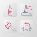 Set line Tree stump, Wooden axe, Lighthouse and Beer bottle icon. Vector Royalty Free Stock Photo