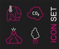 Set line Tree, Volcano eruption with lava, CO2 emissions in cloud and Global warming icon. Vector