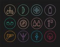 Set line Tree, Wooden axe, Target sport, Compass, Glasses, Camping gas stove, Binoculars and Bow icon. Vector Royalty Free Stock Photo