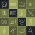 Set line Triangle, Drum, sticks, Grand piano, Accordion, Ancient lyre, drum and Guitar icon. Vector Royalty Free Stock Photo