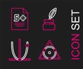 Set line Triangle math, Graph, schedule, chart, diagram, Feather and inkwell and Test or exam sheet icon. Vector Royalty Free Stock Photo