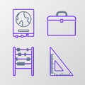 Set line Triangular ruler, Abacus, Briefcase and World map on school blackboard icon. Vector Royalty Free Stock Photo