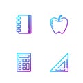 Set line Triangular ruler, Calculator, Spiral notebook and Apple. Gradient color icons. Vector