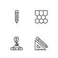 Set line Triangular ruler and pencil, Crane hook, Pencil with eraser and Roof tile icon. Vector