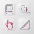 Set line Triangular ruler, Pixel hand cursor, Roulette construction and Bus icon. Vector Royalty Free Stock Photo