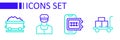 Set line Trolley suitcase, Online ticket booking, Train conductor and Coal train wagon icon. Vector