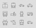 Set line Trolleybus, Car, Helicopter, Cable car, Submarine, Train and railway and Bus icon. Vector