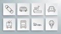 Set line Trolleybus, Retro minivan, Bus, Formula race car, Hot air balloon, Fishing boat, Car and Skateboard icon Royalty Free Stock Photo